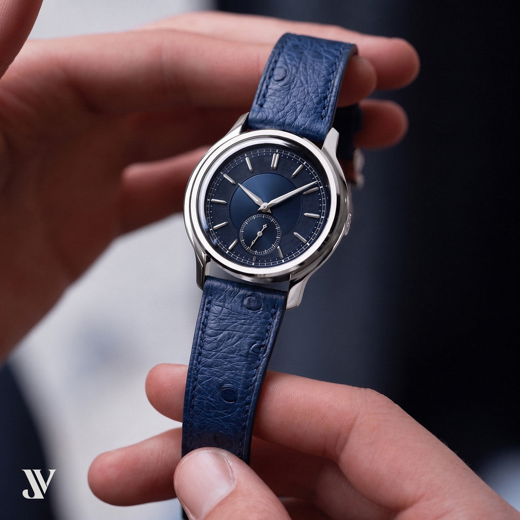 Denim Blue Ostrich Leather Watch Strap — shown on watch (AI-generated scene)