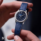 Denim Blue Ostrich Leather Watch Strap — shown on watch (AI-generated scene)