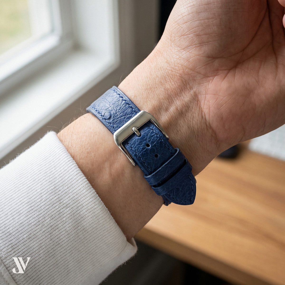 Denim Blue Ostrich Leather Watch Strap — shown on watch (AI-generated scene)