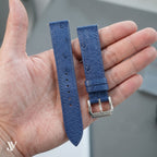 Denim Blue Ostrich Leather Watch Strap — shown on watch (AI-generated scene)