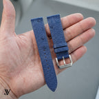 Denim Blue Ostrich Leather Watch Strap — shown on watch (AI-generated scene)