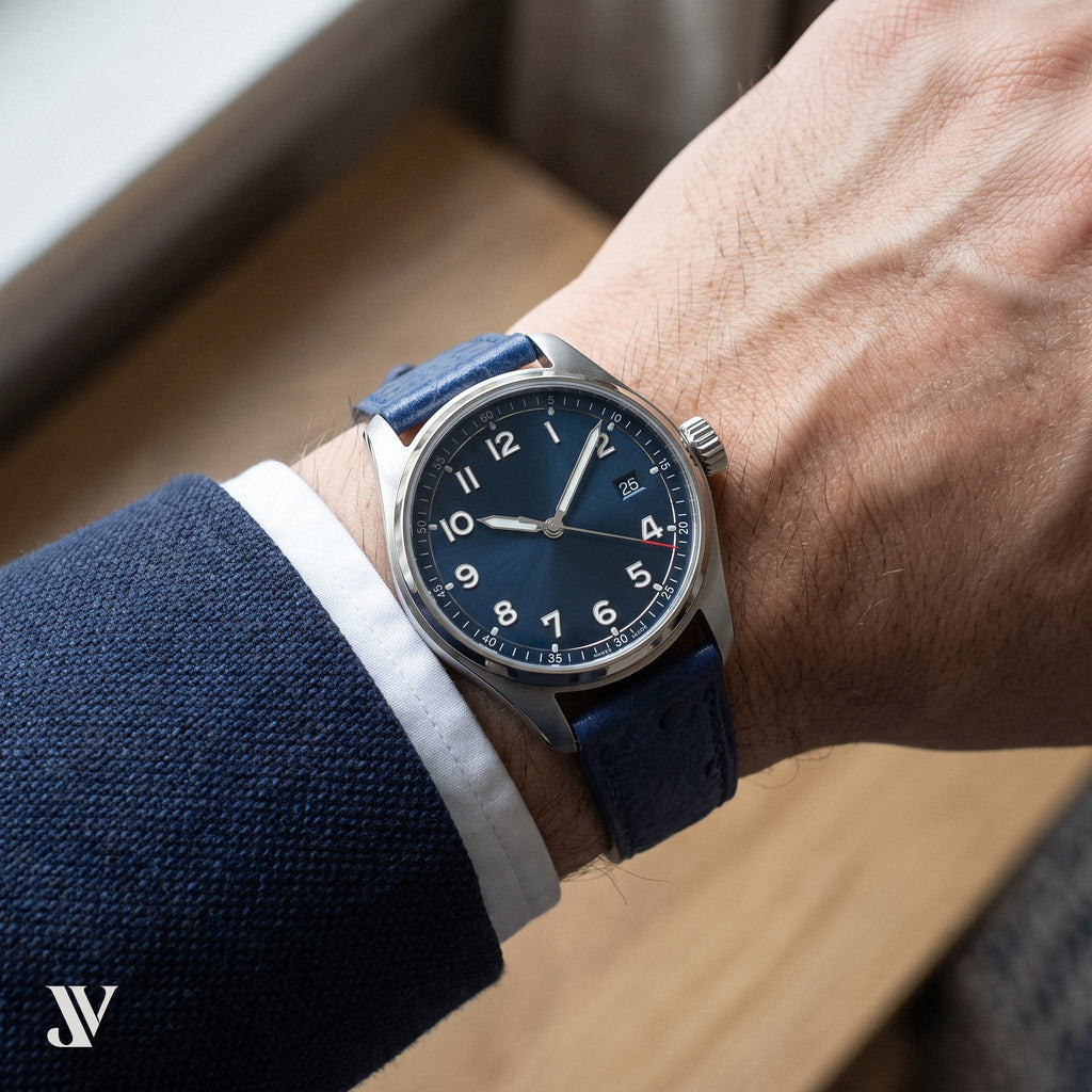 Denim Blue Ostrich Leather Watch Strap — shown on watch (AI-generated scene)