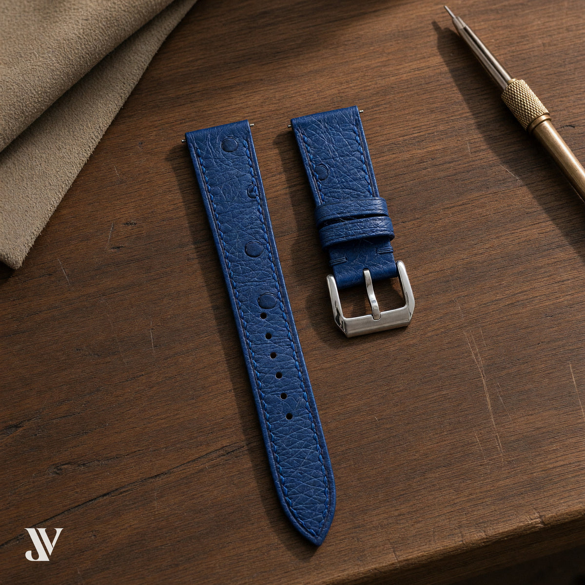 Denim Blue Ostrich Leather Watch Strap — styled scene (AI-generated scene)