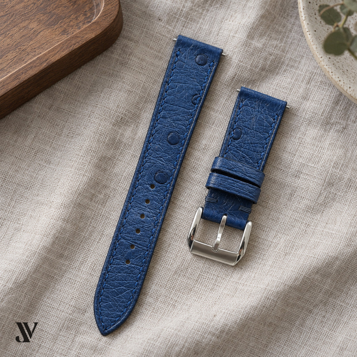 Denim Blue Ostrich Leather Watch Strap — styled scene (AI-generated scene)