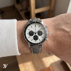Olive Grey Ostrich Leg Leather Watch Strap — shown on watch (AI-generated scene)