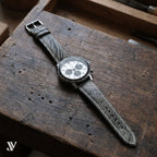Olive Grey Ostrich Leg Leather Watch Strap — shown on watch (AI-generated scene)