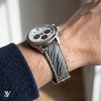 Olive Grey Ostrich Leg Leather Watch Strap — shown on watch (AI-generated scene)