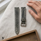 Olive Grey Ostrich Leg Leather Watch Strap — styled scene (AI-generated scene)