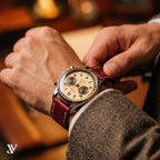 Burgundy Patina Cowhide Leather Watch Strap — shown on watch (AI-generated scene)