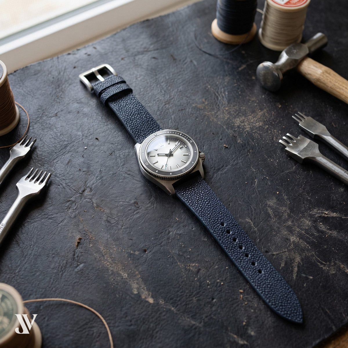 Black Stingray Leather Watch Strap — shown on watch (AI-generated scene)