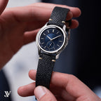 Black Stingray Leather Watch Strap — shown on watch (AI-generated scene)
