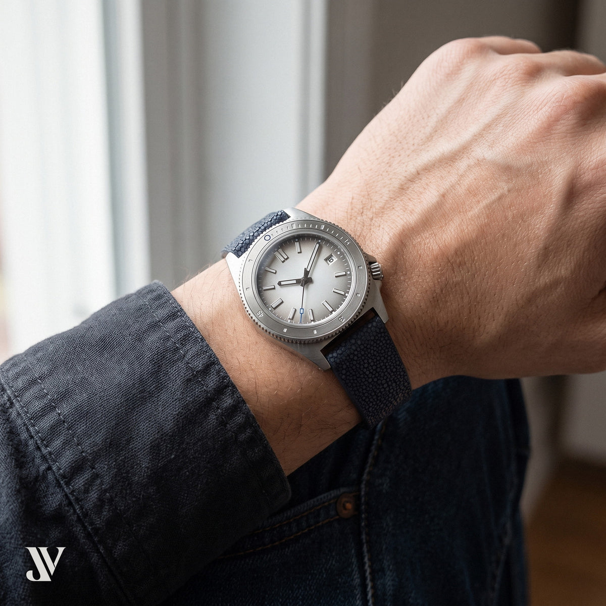 Black Stingray Leather Watch Strap — shown on watch (AI-generated scene)