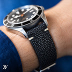 Black Stingray Leather Watch Strap — shown on watch (AI-generated scene)