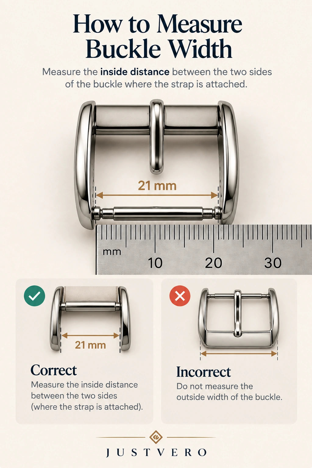How to measure buckle width: measure the inner distance between the two sides of the buckle where the strap attaches. Common sizes are 16, 18, 20, 22 and 24 mm.