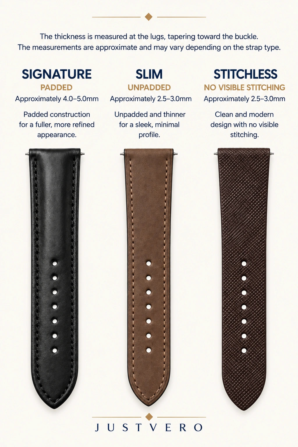 Strap style guide: Signature is padded for a fuller, more refined appearance. Slim is unpadded and thinner for a sleek, minimal profile. Stitchless has a clean, modern design with no visible stitching.