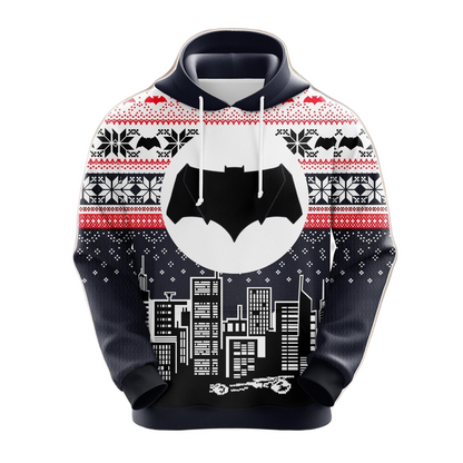 Batman Hoodie Dc Batman Gotham City Silhouette Christmas Pattern Hoodie Black White Unisex - Cozy Hoodie For Cold Weather
