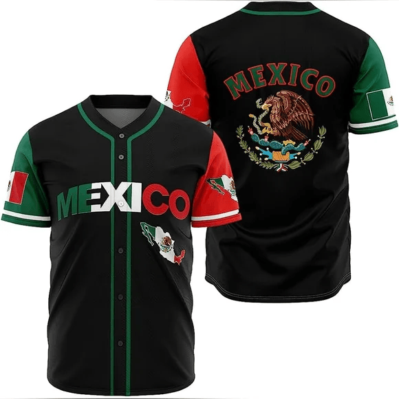 Mexican Baseball Jersey Mexican Flag Country Coat of Arms Eagle Jersey Shirt Black Unisex Adult New Release