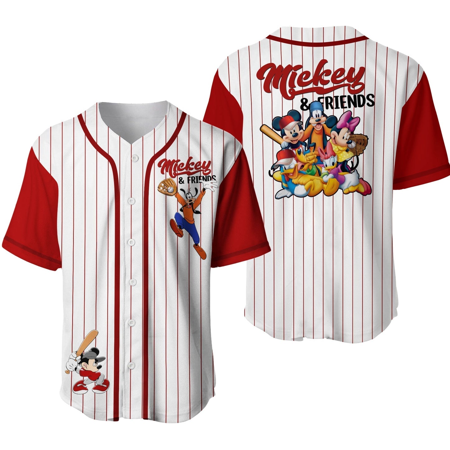 Mickey Jersey Mickey and Friend Goofy Minnie Pluto Donald Daisy White Red Jersey Shirt Baseball Disney Baseball