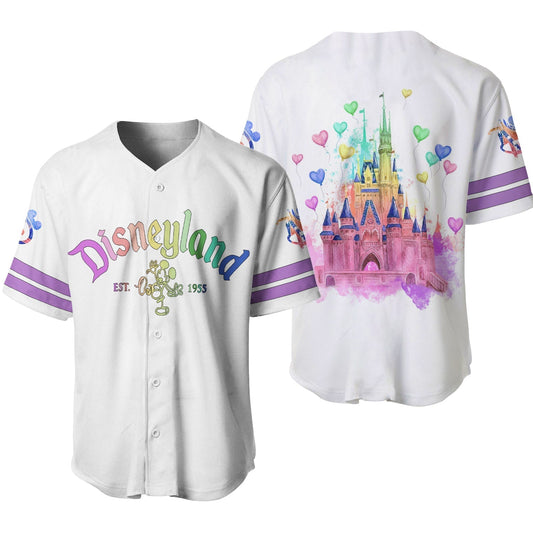 Disney Jersey Disneyland Magic Kingdom Est 1955 Castle Graphic Rainbow White Jersey Shirt Disney Baseball Disneyland...