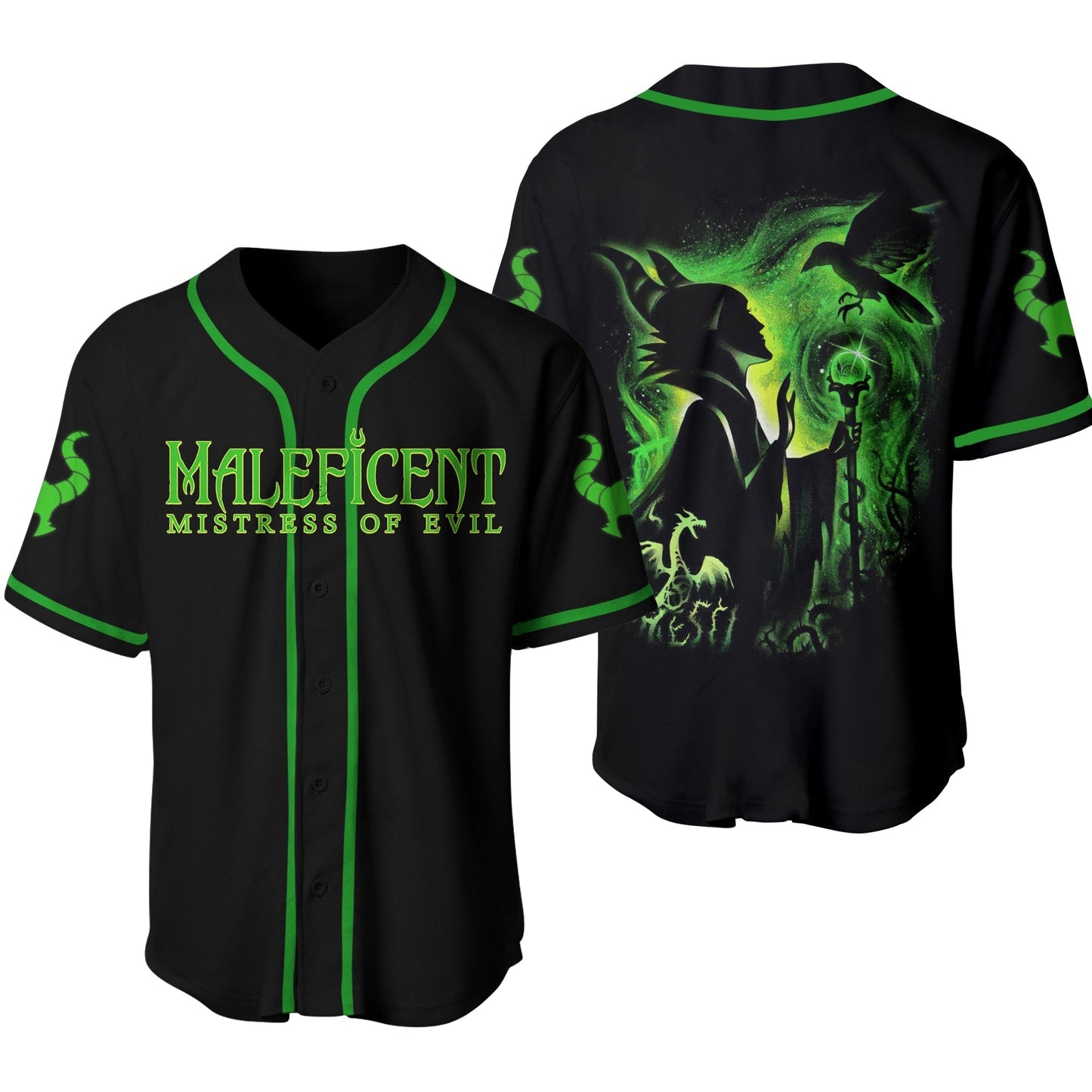 Disney Jersey Disney Villian Maleficent Mistress of Evil Neon Light Green Black Jersey Shirt Baseball Maleficent...