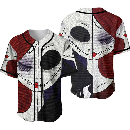 Tnbc Jersey Jack Skellington and Sally Half Faces Graphic Jersey Shirt Tnbc Baseball