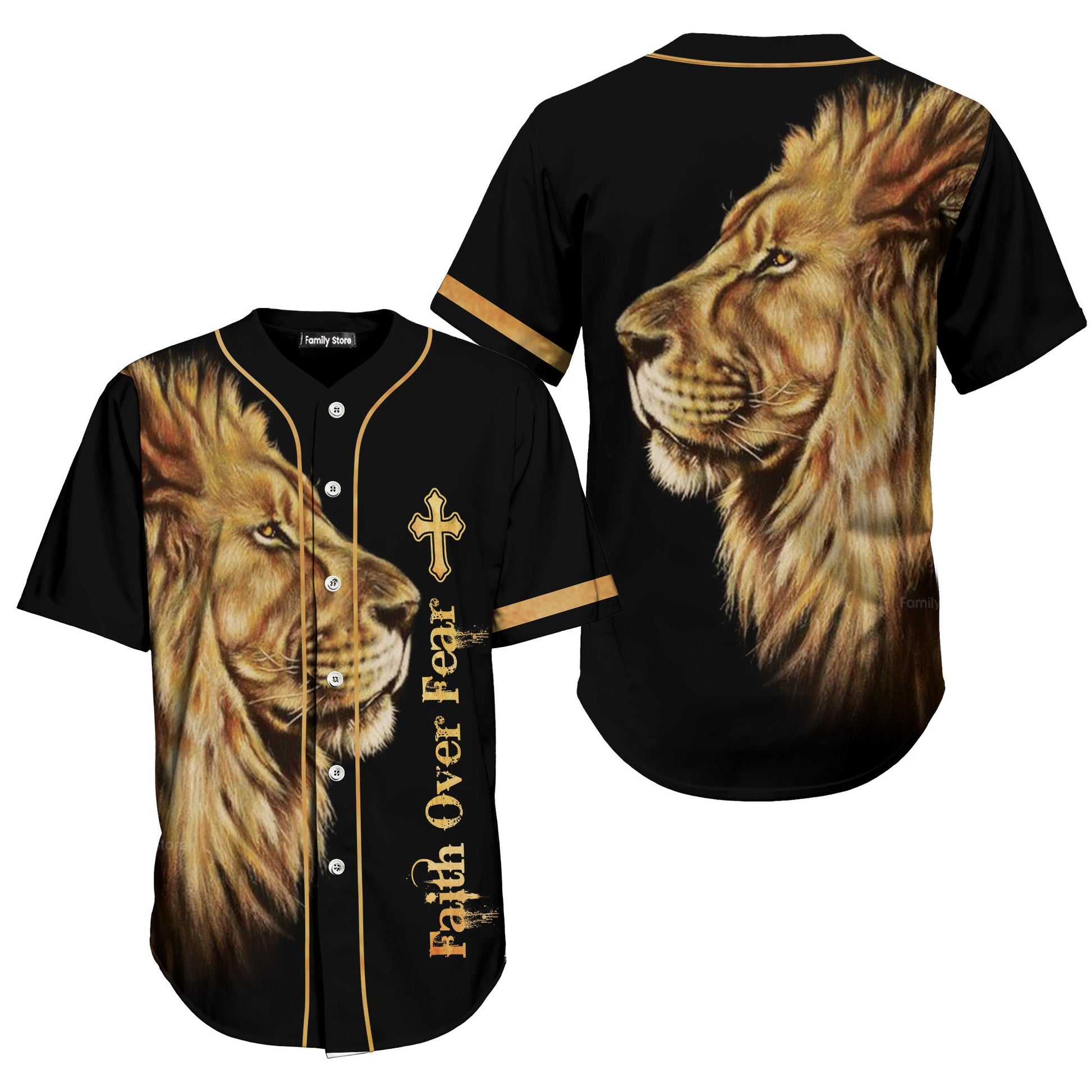 Faith Over Fear Lion King Jesus Black Baseball Tee Jersey Shirt Printed 3D