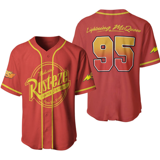Disney Jersey Disney Cars Lightning Mcqueen 95 Medicated Rusteze Red Yellow Jersey Shirt Baseball Cars Baseball