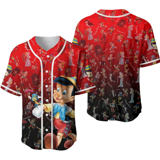 Disney Jersey Pinocchio Jiminy Cricket Geppetto Monstro Graphic Characters Pattern Red Jersey Shirt Pinocchio Baseball