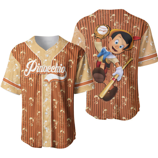 Disney Jersey Pinocchio Playing Sport As Designated Hitter Patterns Brown White Jersey Shirt Pinocchio Baseball