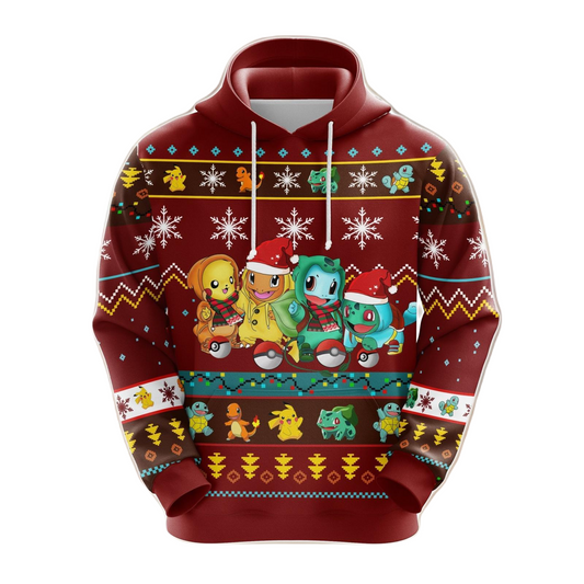 Pokemon Hoodie Pikachu Charmander Squirtle Bulbasaur Christmas Pattern Hoodie Red Unisex - Cozy Hoodie For Cold Weather