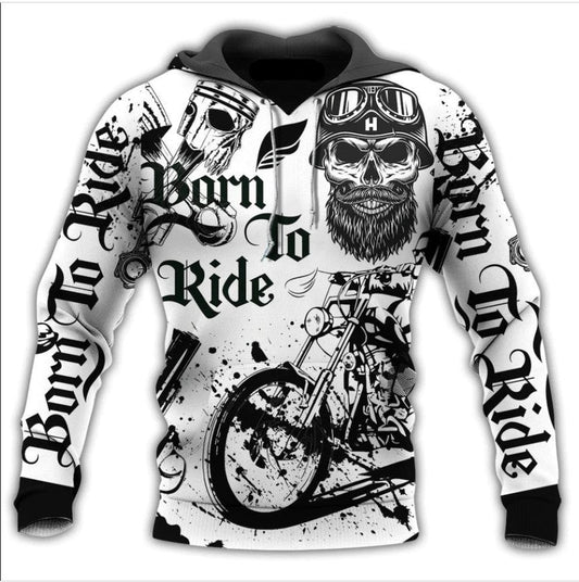 Motorcycle Hoodie Born To Ride Skull Hoodie Black White Unisex - Cozy Hoodie For Cold Weather