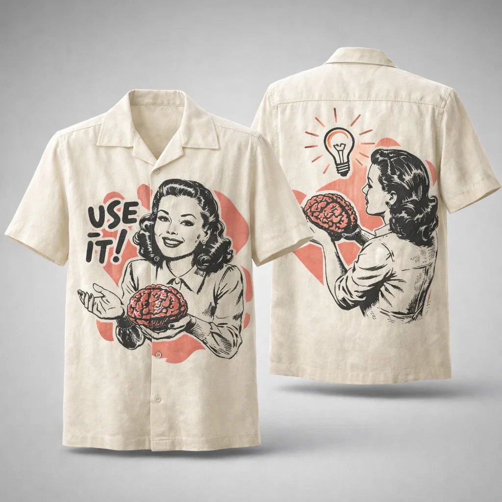 Use It Brain Hawaiian Shirt, Funny Retro Woman Aloha Shirt, Vintage Humor Graphic Shirt