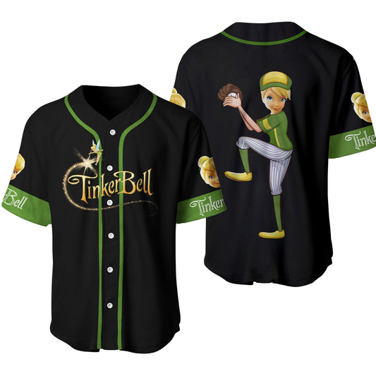 Disney Peter Pan Jersey Disney Character Tinker Bell Catcher Player Graphic Black Green Jersey Shirt Peter Pan Baseball