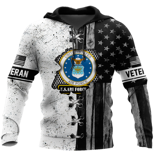 Veteran Hoodie Veteran Us Air Force American Flag Stitches T-Shirt Black White Unisex - Trendy Gift For Men & Women