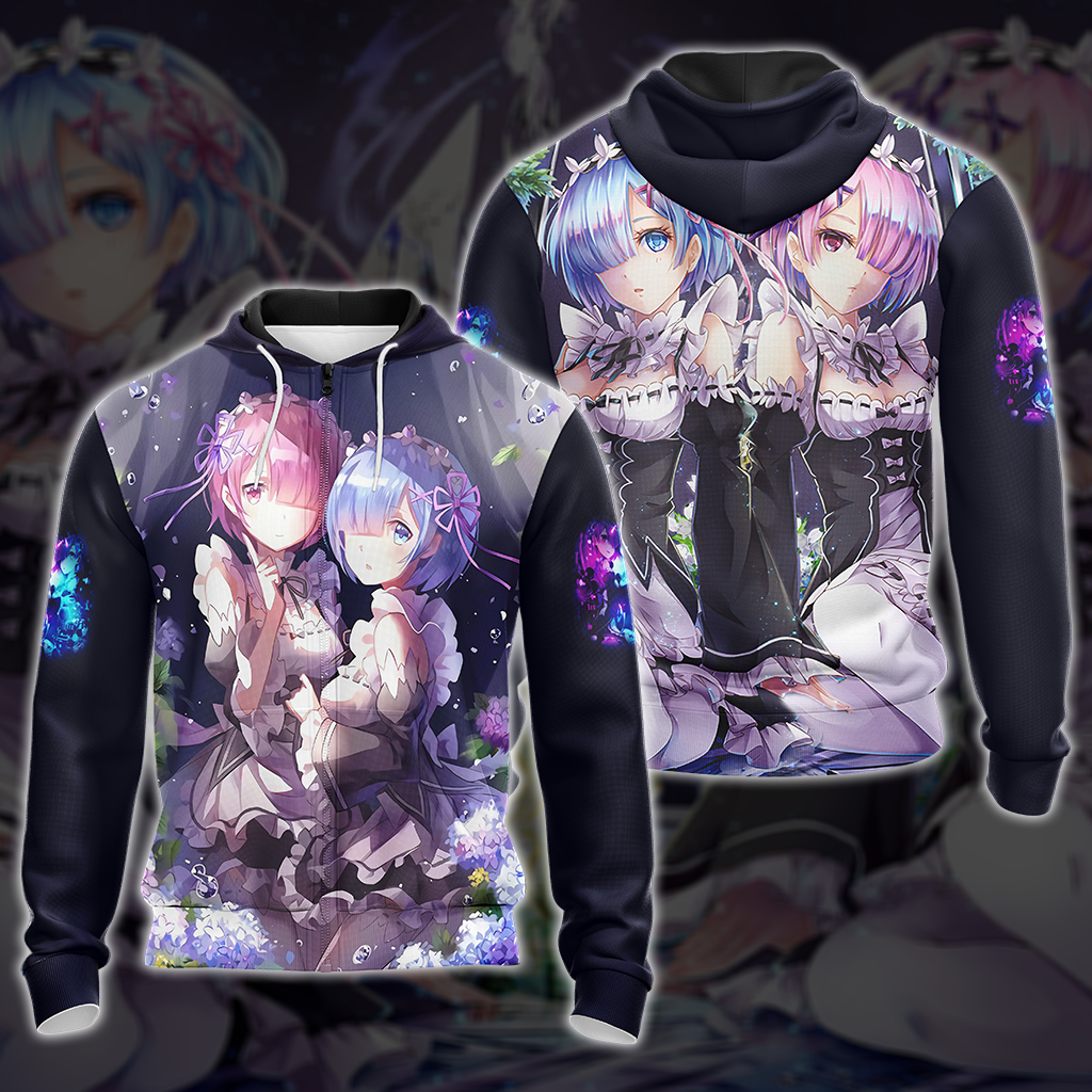 Rem & Ram Re:Zero All Over Print T-shirt Tank Top Zip Hoodie Pullover Hoodie
